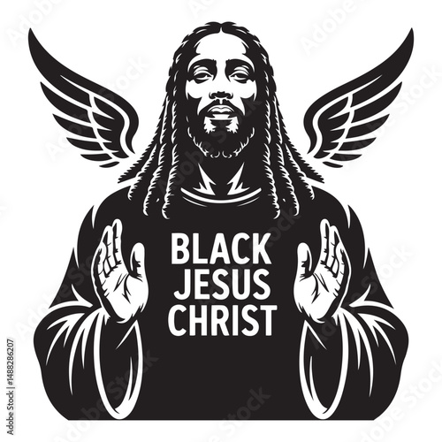 Black Jesus Christ with flowing hair and beard, Vector black silhouette. with white background