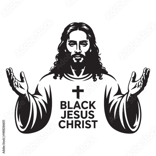 Black Jesus Christ with flowing hair and beard, Vector black silhouette. with white background