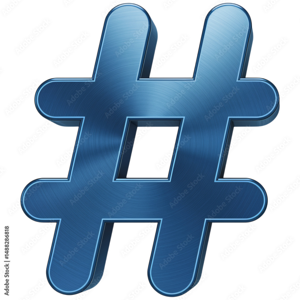 Obraz premium Blue metallic hashtag symbol isolated on a transparent background