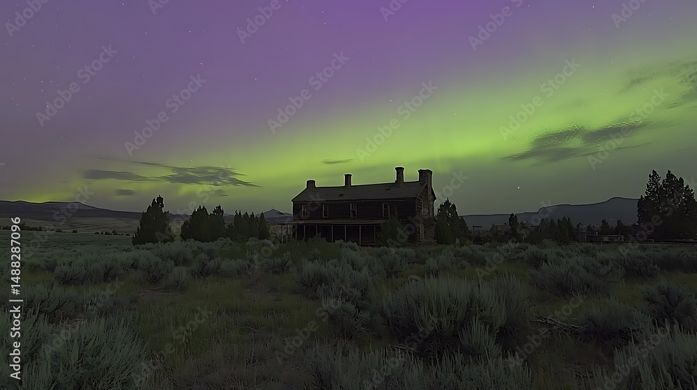 Fototapeta premium Abandoned house under aurora sky