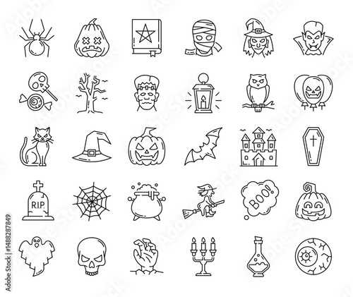 Spooky Halloween icons set in outlines