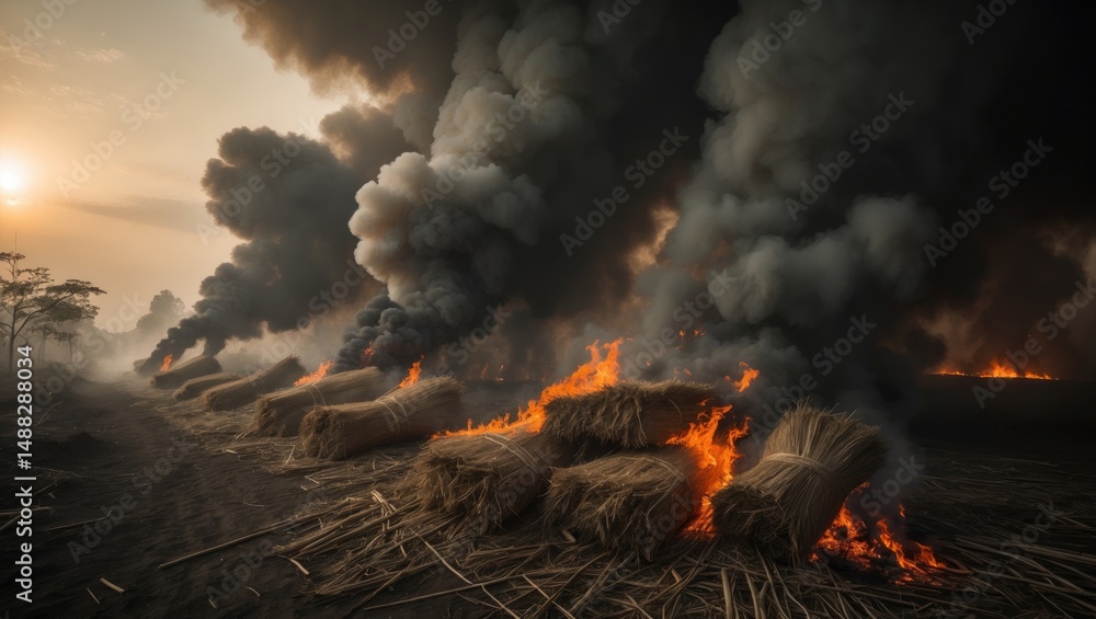 The burning of agricultural waste leads to smog and pollution. Emissions from the incineration of hay and rice straw in farming fields The burning of agricultural waste leads to smog and pollution. Emissions from the incineration of hay and rice straw in farming fields
