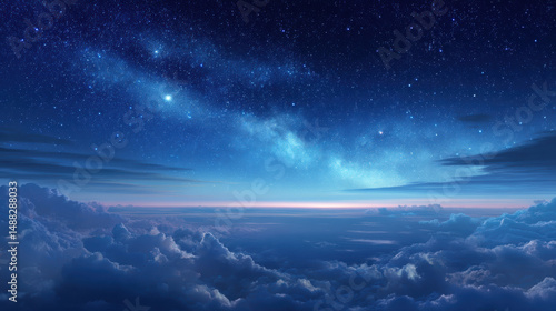 Fototapeta Naklejka Na Ścianę i Meble -  A breathtaking nightscape reveals a vibrant milky way stretching across a cloudy sky above a serene horizon, evoking wonder and the vastness of the universe.