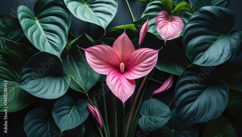 Wallpaper Mural Top view of Pink Anthurium flower against a backdrop of lush dark green leaves. Torontodigital.ca