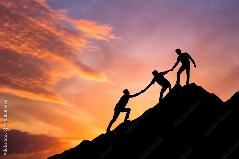 Silhouetted figures helping each other to reach the peak against a colorful sunset sky, symbolizing cooperation and support. Silhouetted figures helping each other to reach the peak against a colorful sunset sky, symbolizing cooperation and support.
