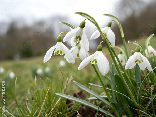 A snowdrop flowers growing among green grass. A bunch of white flowers with green leaves are in field. The flowers are in full bloom and are scattered throughout the field.