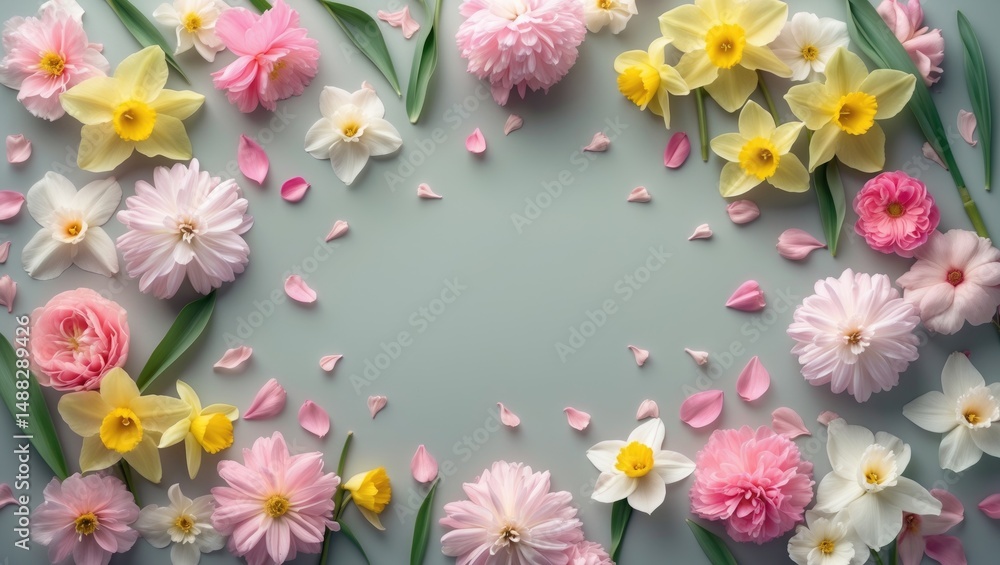 Pastel background featuring flowers for a holiday concept with text space. Flat lay arrangement. Pastel background featuring flowers for a holiday concept with text space. Flat lay arrangement.