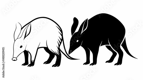 Two aardvarks standing side by side one in white outline and the other filled with black color design editable vector eps/eps