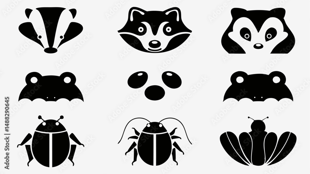 Naklejka premium Illustration showing badger raccoon opossum frog eggs and various beetles in black and white color scheme editable vector eps/eps