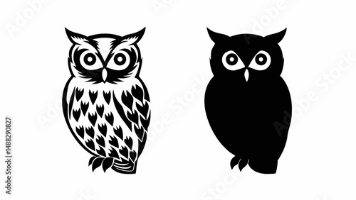 Two owls depicted in black and white one with detailed feathers and one in solid silhouette design editable vector eps/eps