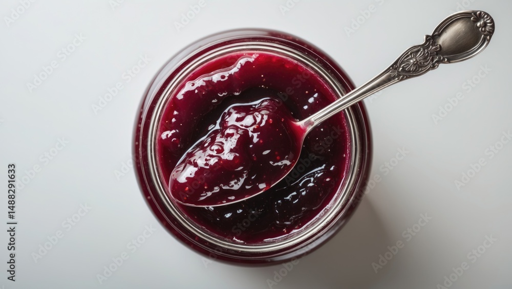 Sweet jam jar filled with berries and a spoon Sweet jam jar filled with berries and a spoon