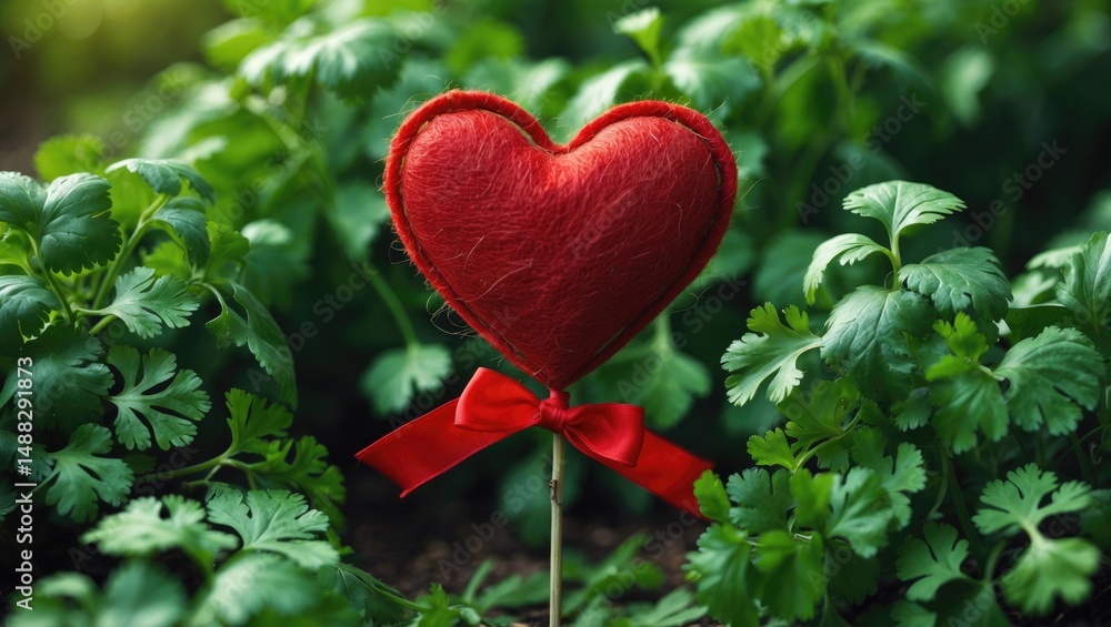 A red heart with ribbon placed on fresh green cilantro leaves, symbolizing love and nature. A red heart with ribbon placed on fresh green cilantro leaves, symbolizing love and nature.