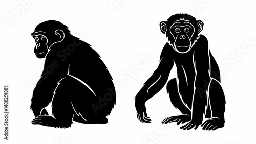 Two chimpanzees depicted in silhouette one sitting sideways and one facing forward against white space editable vector eps/eps