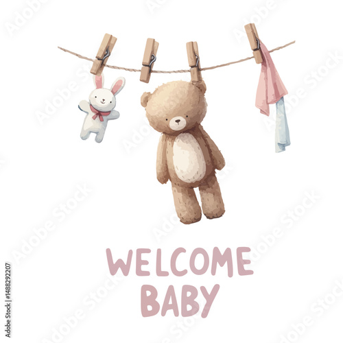 Watercolor Welcome baby card with clothes on the clothesline for baby shower invitation.