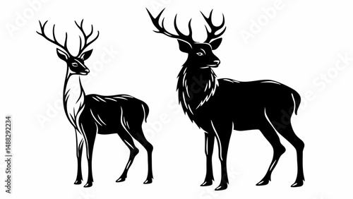 Two deer standing side by side one smaller and one larger in a black and white vector image design editable vector eps/eps