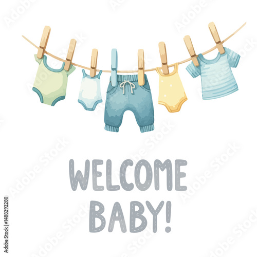 Watercolor Welcome baby card with clothes on the clothesline for baby shower invitation.