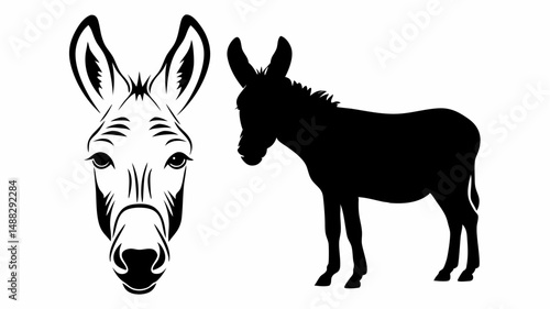 Illustration showing a donkey face and a donkey silhouette in black and white color scheme design editable vector eps/eps