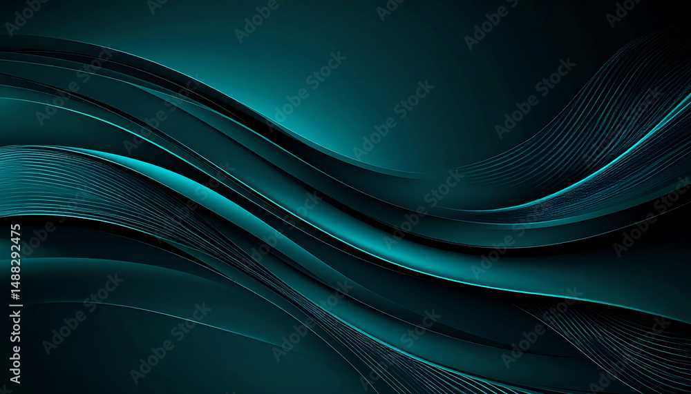 Abstract waves in varying shades of teal create a dynamic and modern visual, evoking a sense of fluidity and motion in a dark backdrop Abstract waves in varying shades of teal create a dynamic and modern visual, evoking a sense of fluidity and motion in a dark backdrop