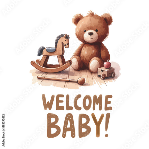 Welcome baby card with plush teddy bear and rocking horse. Baby shower invitation.