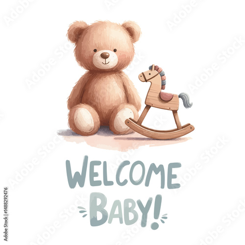 Welcome baby card with plush teddy bear and rocking horse. Baby shower invitation.