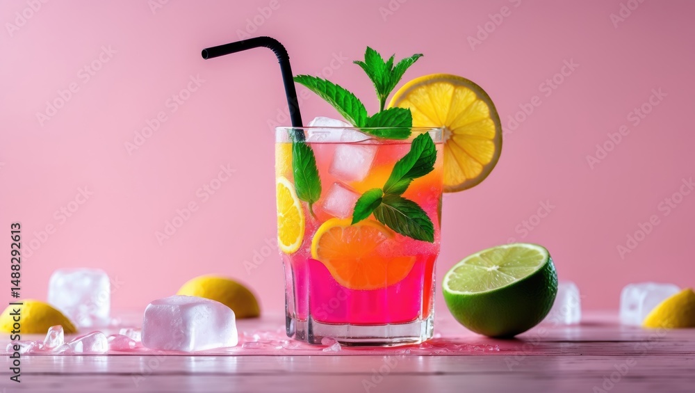 Fototapeta premium Delicious iced tea served with citrus slices and ice on a pink surface