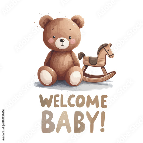 Welcome baby card with plush teddy bear and rocking horse. Baby shower invitation.