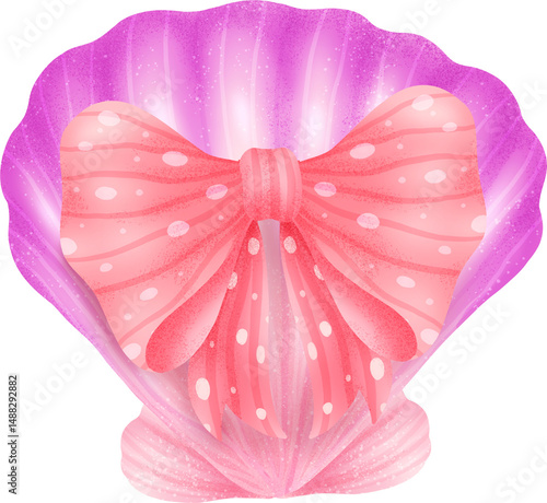 Coquette seashell and ribbon bow watercolor elements