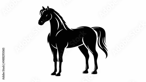 Silhouette of a majestic horse standing gracefully with flowing mane and tail in stark black and white design editable vector eps/eps
