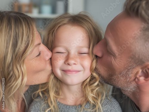 Una niña está siendo besada por sus padres.