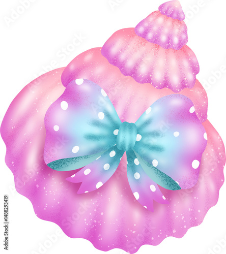 Coquette seashell and ribbon bow watercolor elements