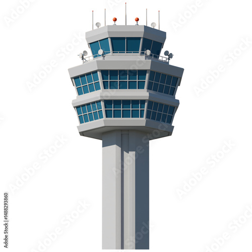 Airport control tower with radar and antennas isolated on a transparent background