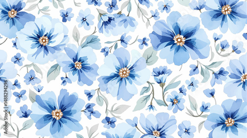 Fresh blooming blue flowers pattern with subtle green foliage accents