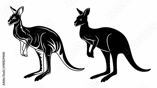 Two kangaroos standing side by side one detailed and one solid black silhouette on a white background editable vector eps/eps