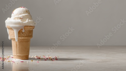 A delicious ice cream cone topped with soft-serve vanilla and colorful sprinkles, melting on a light surface.