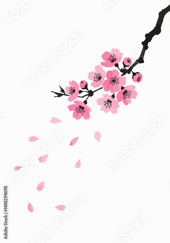 A delicate sakura branch painted with elegant brushwork, petals drifting in the wind, embodying beauty and impermanence in Japanese culture