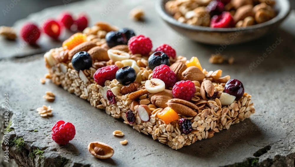 Fototapeta premium Wholesome dessert snack: cereal bar on a stone table with nuts, fruit, and berries