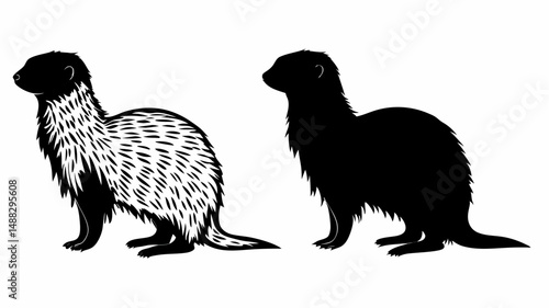 Two ferret silhouettes one detailed with fur standing side by side on a white background view in profile editable vector eps/eps