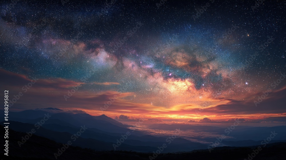 Fototapeta premium Milky Way Galaxy over Majestic Mountains at Sunrise