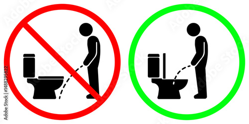 This image shows two figures urinating: one using the toilet incorrectly (marked red), and one correctly (marked green). Ideal for public toilets to promote proper use and cleanliness.