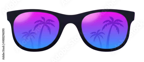 Tropical sunset reflected in sunglasses. Summer vibes, palm trees and shades