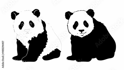 Two panda bears sitting side by side in black and white illustration on a white background looking forward editable vector eps/eps