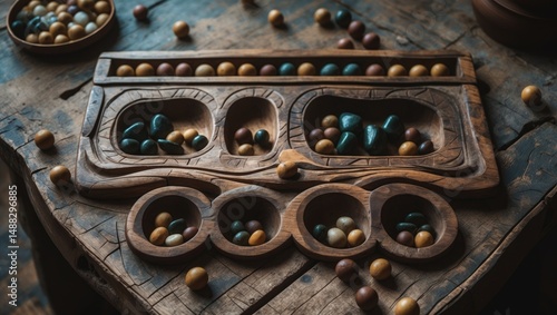 Cultural Swahili Board Game with Carved Wooden Pattern and Seeds
