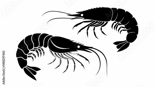 Two black shrimp silhouettes with detailed legs and antennae on a white background illustration art editable vector eps/eps