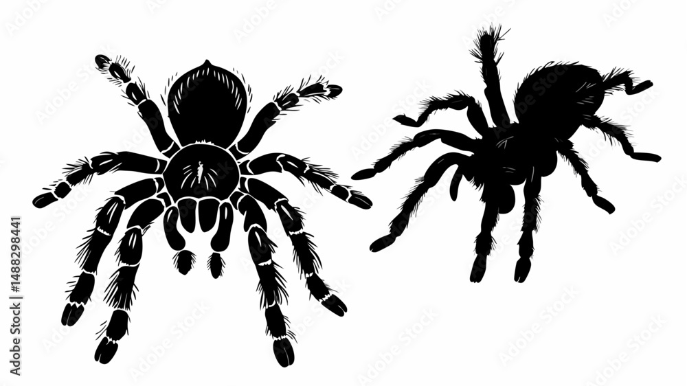 Two black tarantula spiders with hairy legs and bodies displayed on a white background in silhouette editable vector eps/eps