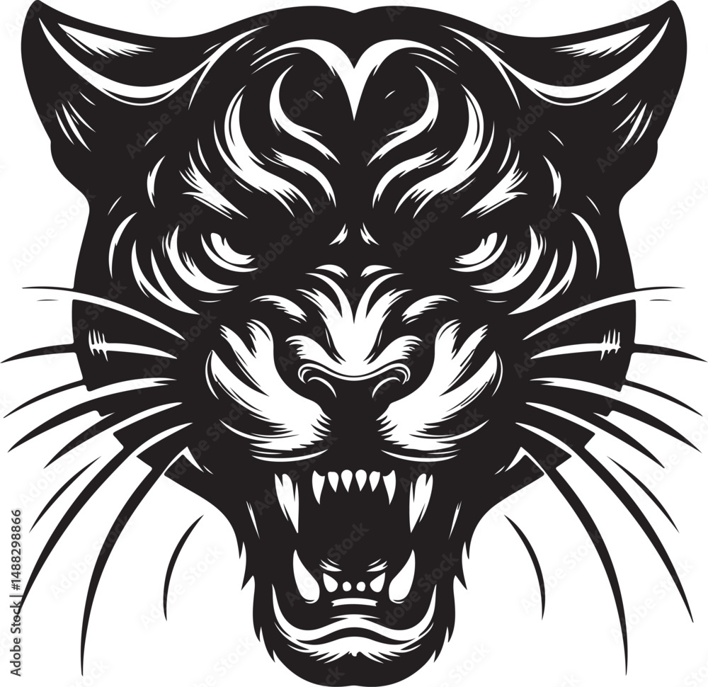 Fototapeta premium tiger head tattoo Tiger Roaring Face Symmetrical Tribal Line Art Vector new unique trendy 2025 