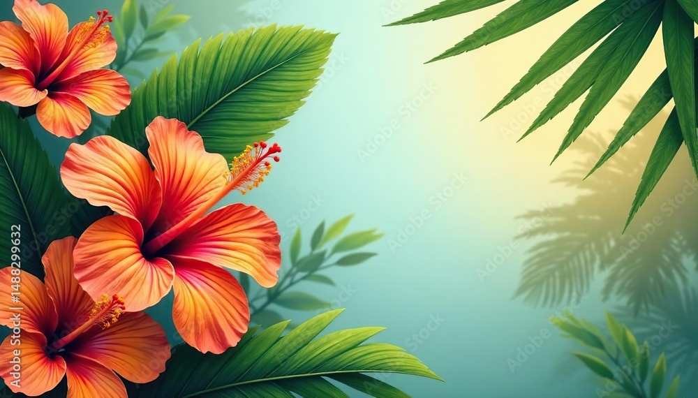 Fototapeta premium Bold tropical hibiscus & palm leaves, vibrant orange & green, paradise, floral, home decor