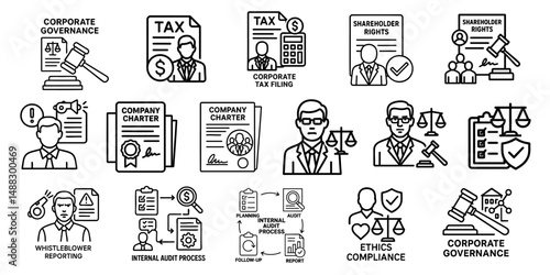 Corporation structure negotiation concept. Business-related icons depicting governance and compliance concepts.
