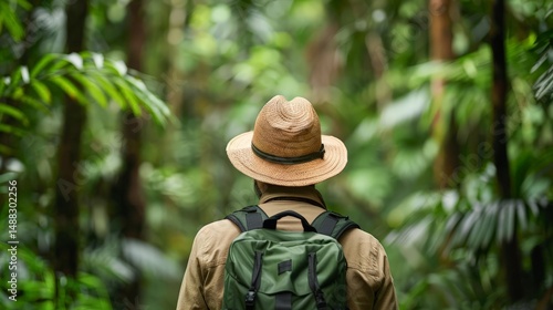 Person wearing a stylish hat and backpack trekking through a lush jungle environment surrounded by exotic plants