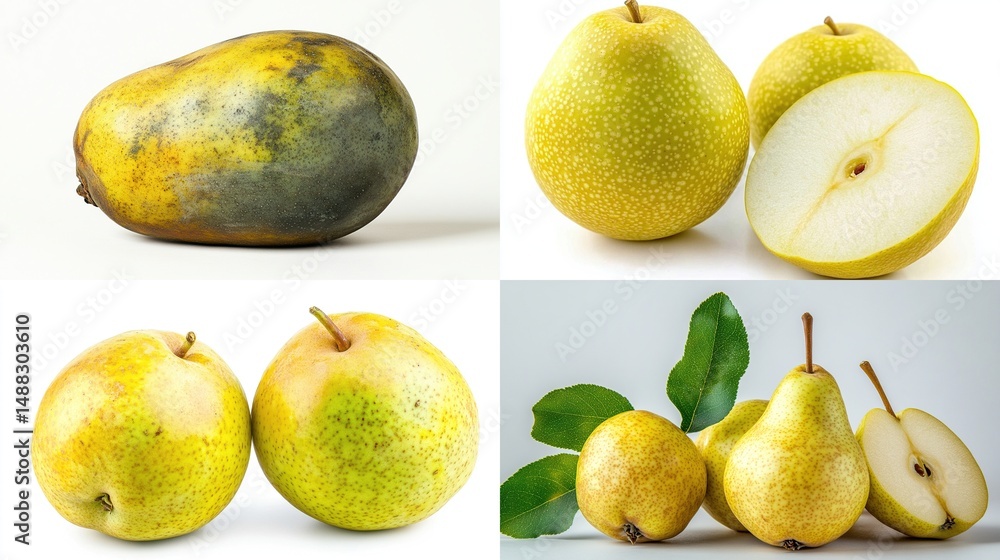 Ripe pears shown whole and halved with skin imperfections and green leaves Ripe pears shown whole and halved with skin imperfections and green leaves