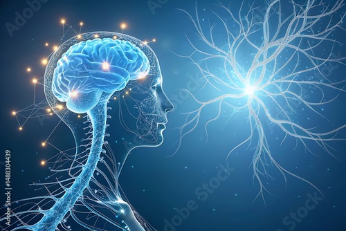 Bright and Shiny 3D Representation of the Central Nervous System in Blue Tones Generative AI.